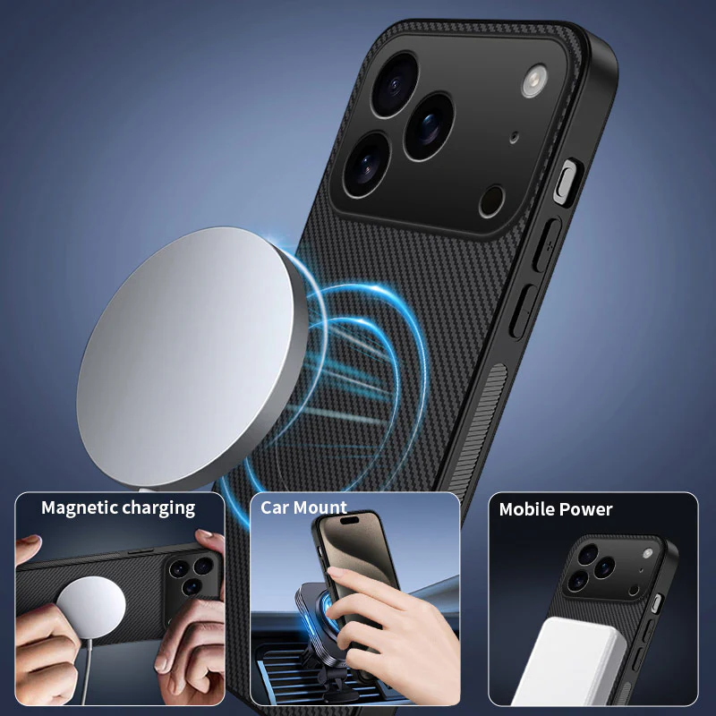 For iPhone 17 Pro Max Magnetic Case WANLONFENG TQ1 Series Carbon Fiber Texture PC TPU Phone Cover with 2Pcs Screen Films - Purple - Image 4