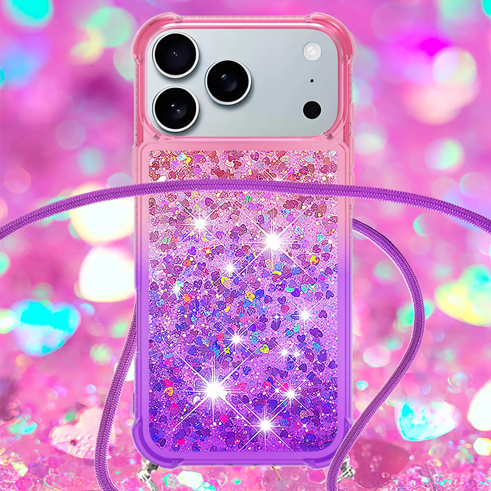 For iPhone 17 Pro Max Phone Case Gradient Quicksand TPU Back Cover with Long Strap - Pink / Purple - Image 4