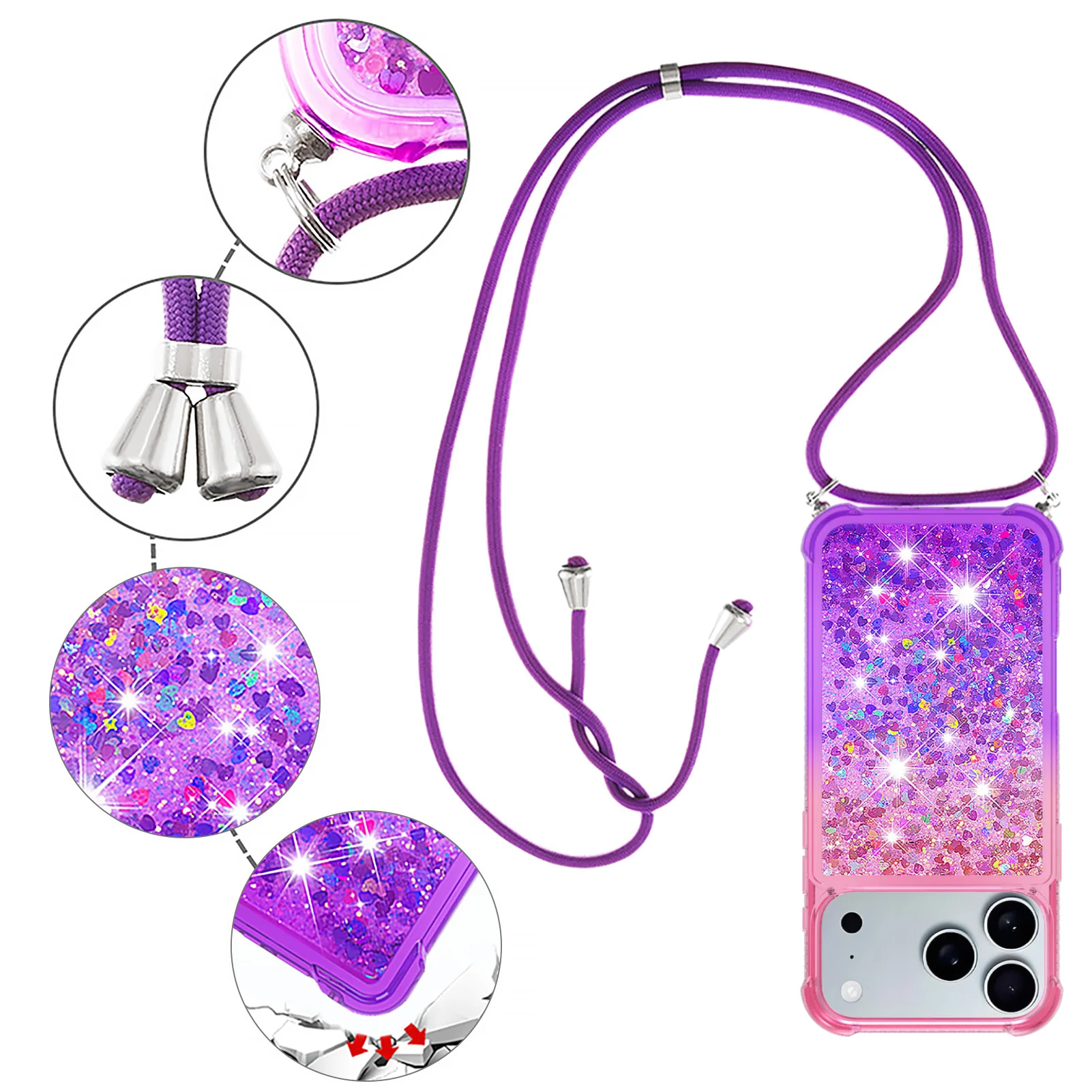 For iPhone 17 Pro Max Phone Case Gradient Quicksand TPU Back Cover with Long Strap - Pink / Purple - Image 5