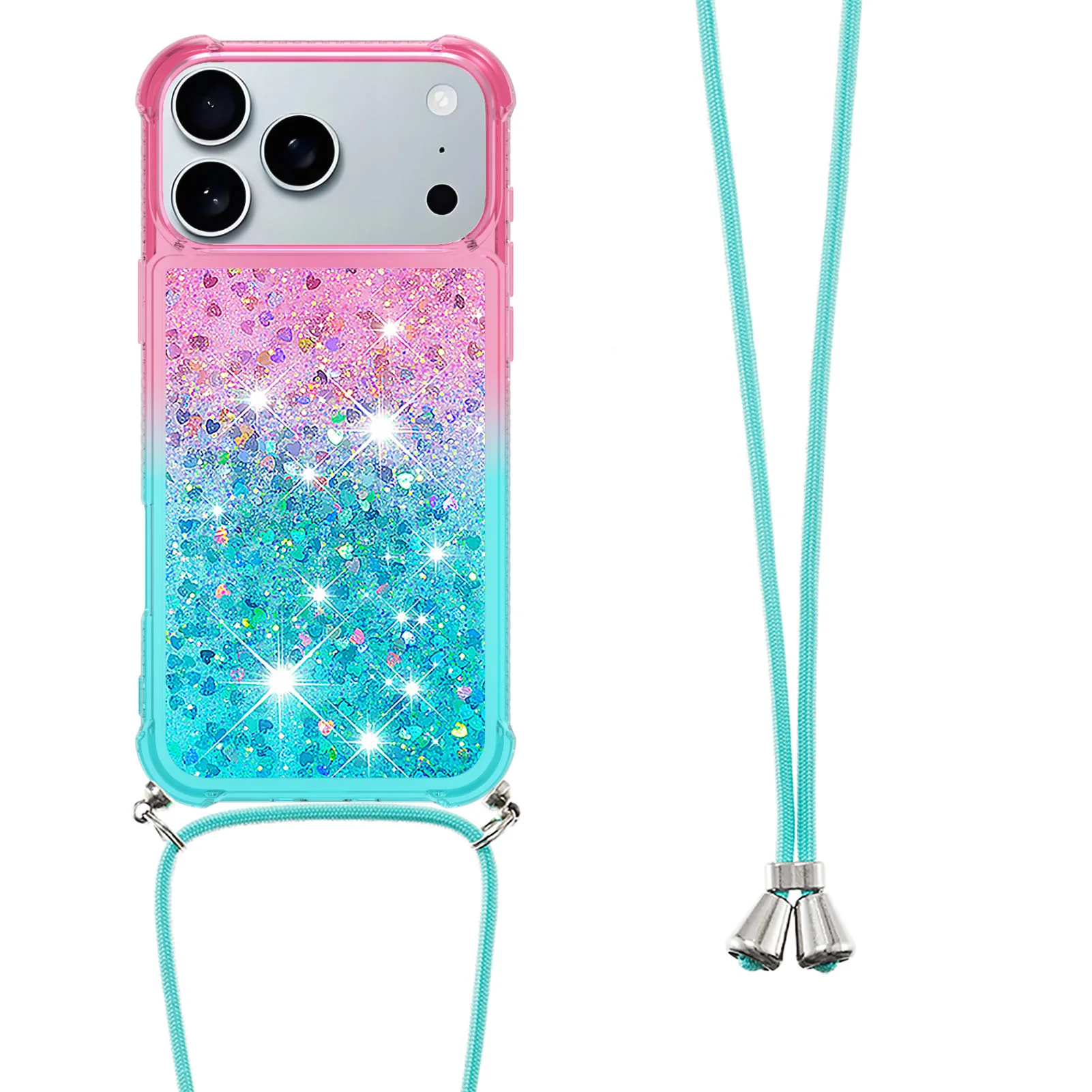 For iPhone 17 Pro Max Phone Case Gradient Quicksand TPU Back Cover with Long Strap - Pink / Sky Blue - Image 3