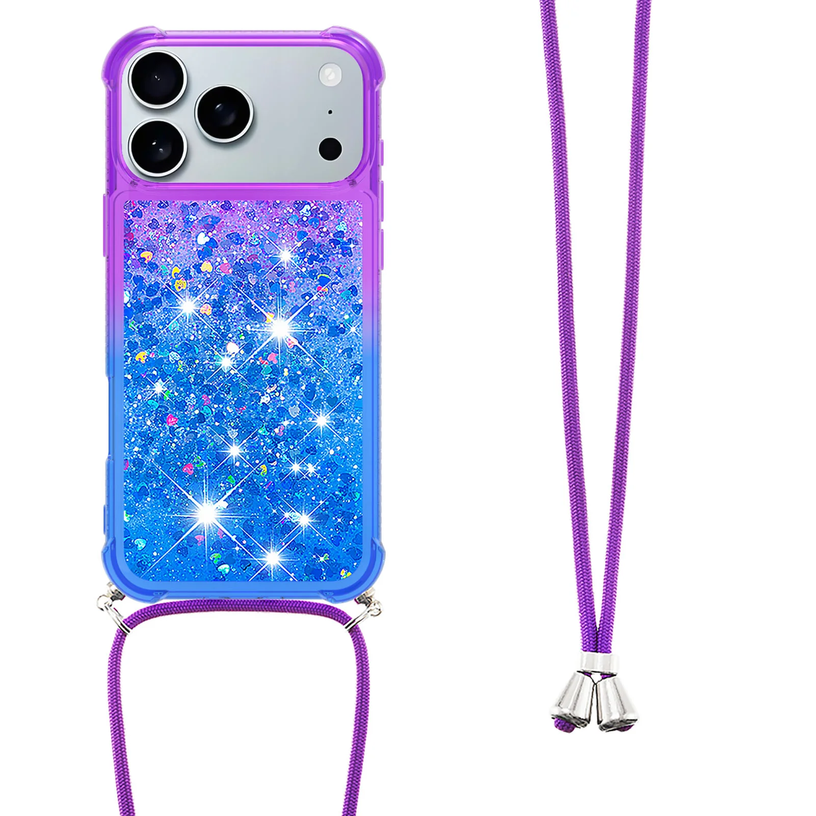For iPhone 17 Pro Max Phone Case Gradient Quicksand TPU Back Cover with Long Strap - Purple / Blue - Image 3
