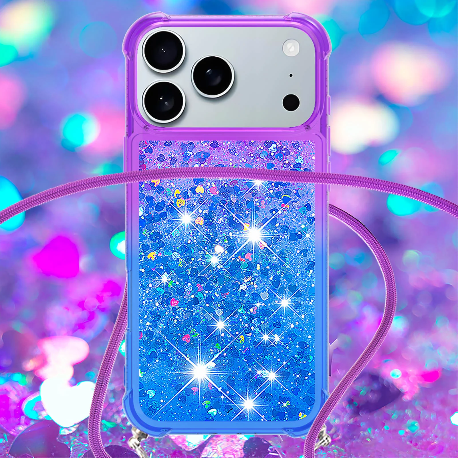 For iPhone 17 Pro Max Phone Case Gradient Quicksand TPU Back Cover with Long Strap - Purple / Blue - Image 4