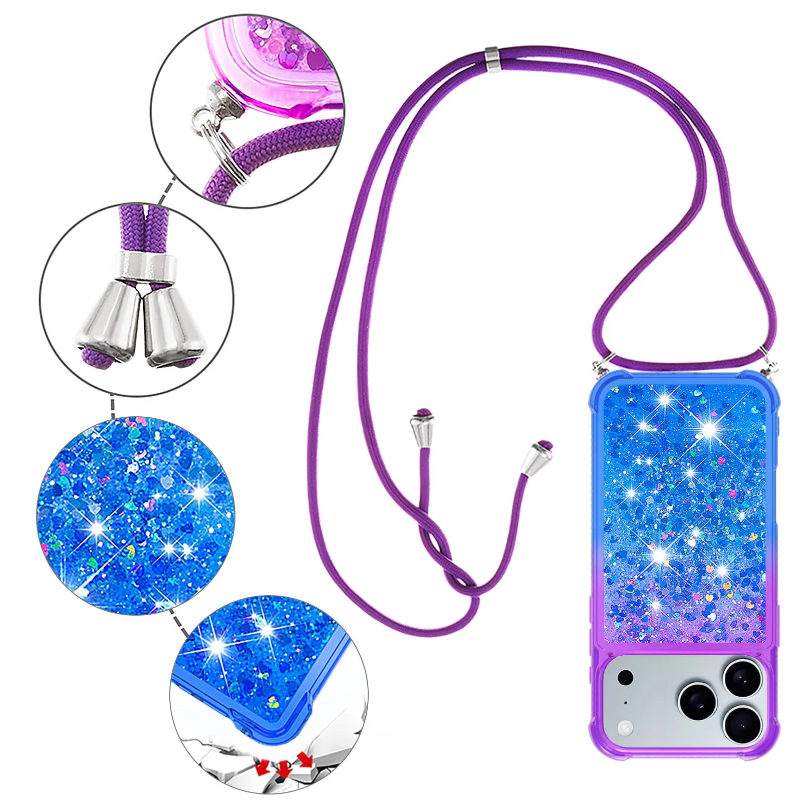 For iPhone 17 Pro Max Phone Case Gradient Quicksand TPU Back Cover with Long Strap - Purple / Blue - Image 5