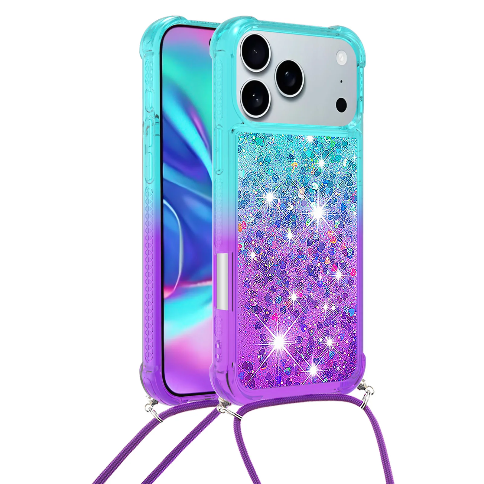 For iPhone 17 Pro Max Phone Case Gradient Quicksand TPU Back Cover with Long Strap - Sky Blue / Purple - Image 2