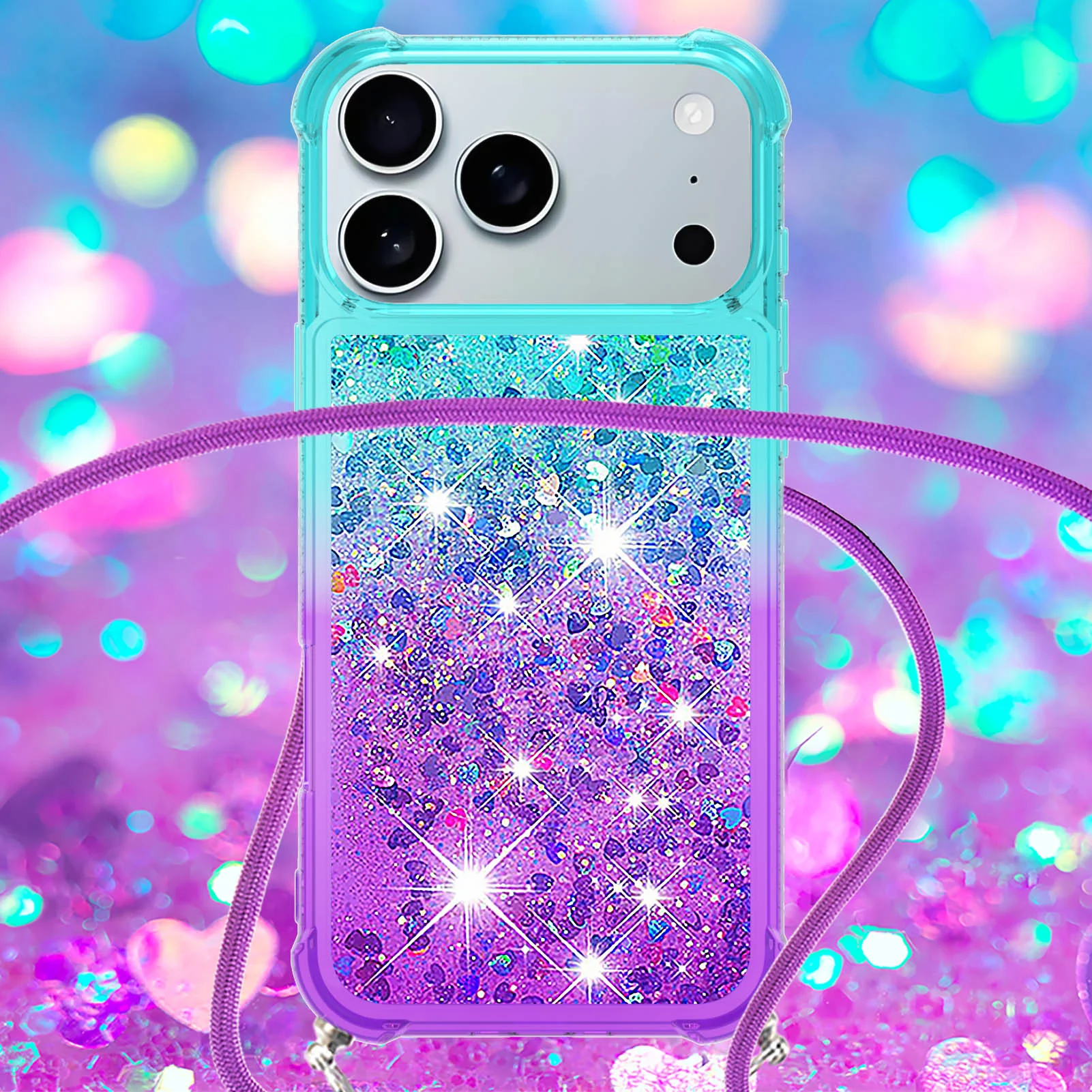 For iPhone 17 Pro Max Phone Case Gradient Quicksand TPU Back Cover with Long Strap - Sky Blue / Purple - Image 4
