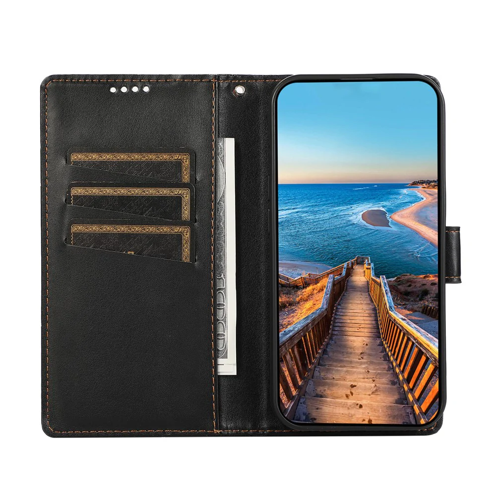 For iPhone 17 Pro Max Phone Case Line Imprint Leather Wallet Cover with Wrist Strap - Black - Image 2
