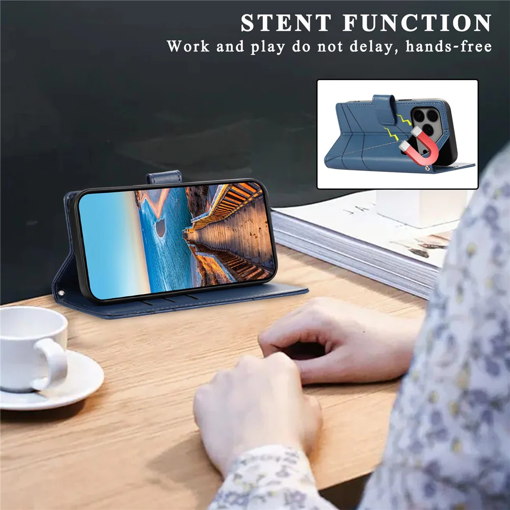 For iPhone 17 Pro Max Phone Case Line Imprint Leather Wallet Cover with Wrist Strap - Blue - Image 5