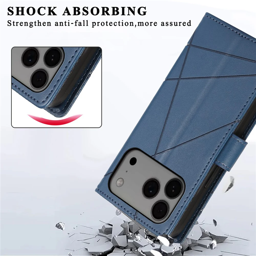 For iPhone 17 Pro Max Phone Case Line Imprint Leather Wallet Cover with Wrist Strap - Blue - Image 7