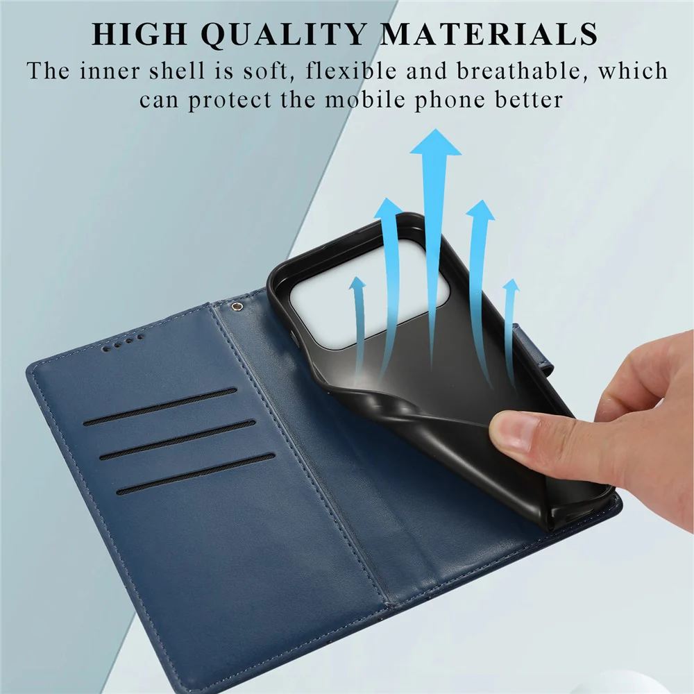For iPhone 17 Pro Max Phone Case Line Imprint Leather Wallet Cover with Wrist Strap - Blue - Image 8