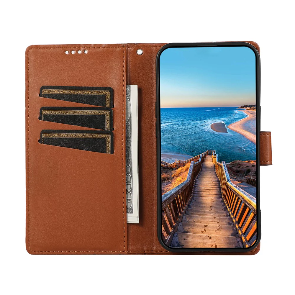 For iPhone 17 Pro Max Phone Case Line Imprint Leather Wallet Cover with Wrist Strap - Brown - Image 2
