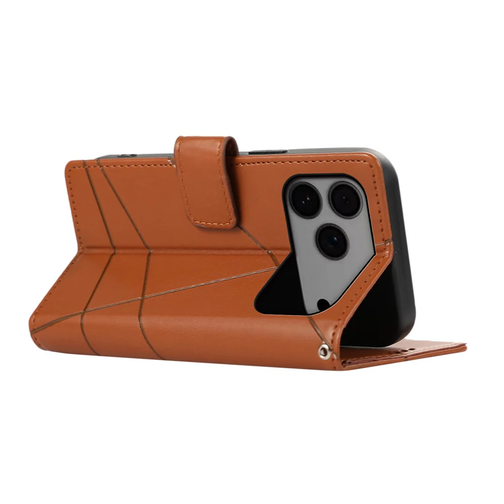 For iPhone 17 Pro Max Phone Case Line Imprint Leather Wallet Cover with Wrist Strap - Brown - Image 4