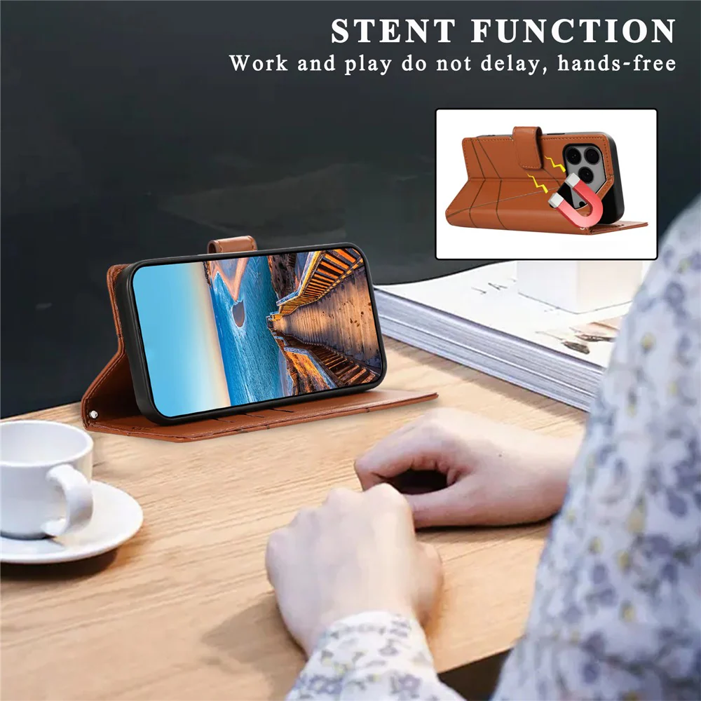 For iPhone 17 Pro Max Phone Case Line Imprint Leather Wallet Cover with Wrist Strap - Brown - Image 5