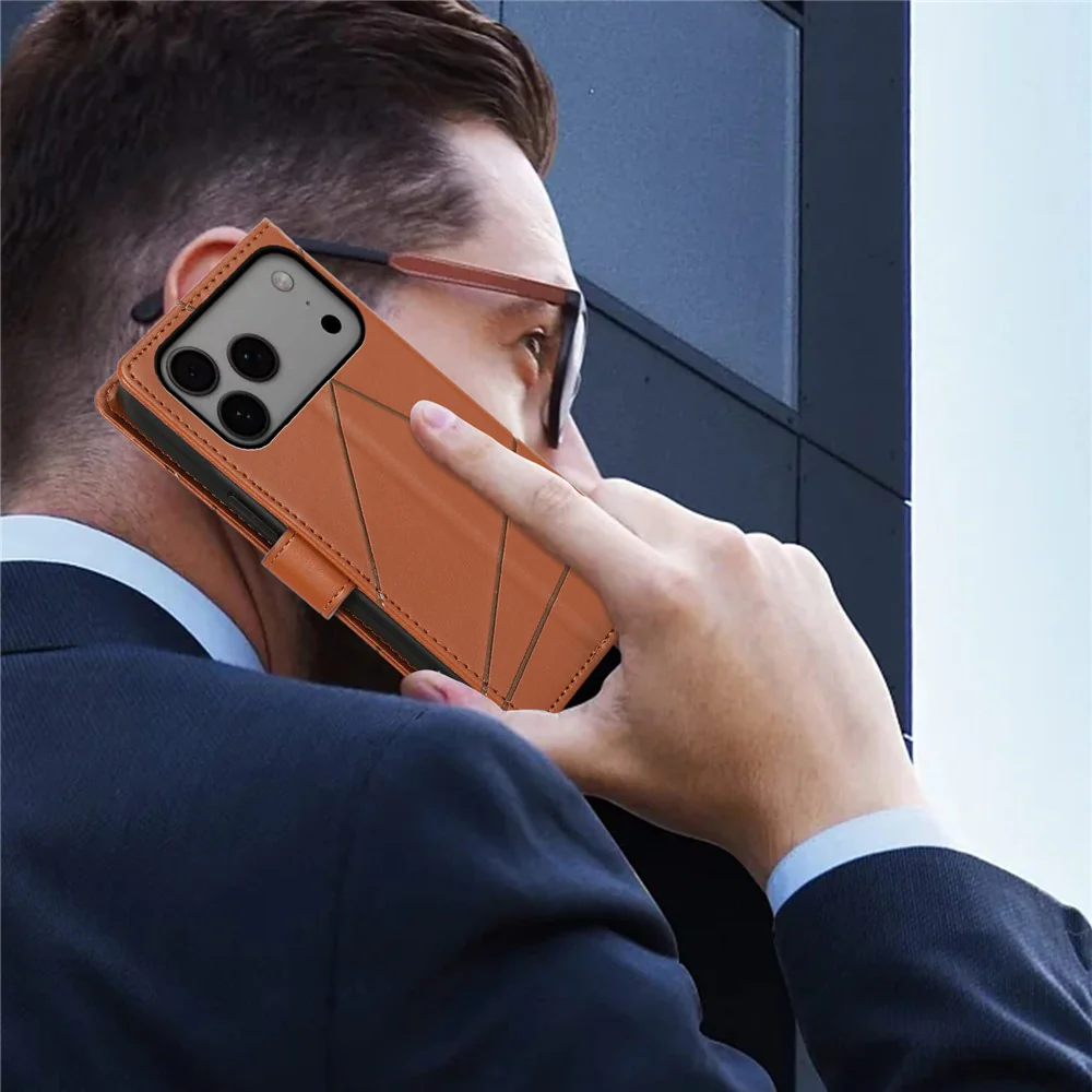 For iPhone 17 Pro Max Phone Case Line Imprint Leather Wallet Cover with Wrist Strap - Brown - Image 6