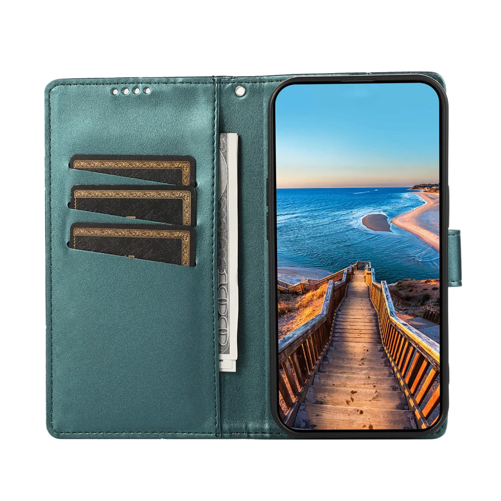 For iPhone 17 Pro Max Phone Case Line Imprint Leather Wallet Cover with Wrist Strap - Green - Image 2