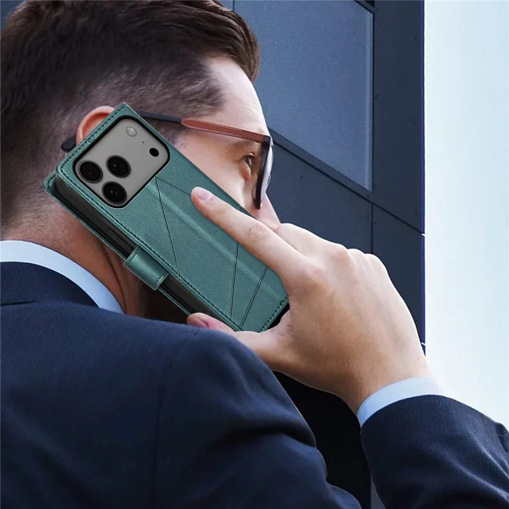 For iPhone 17 Pro Max Phone Case Line Imprint Leather Wallet Cover with Wrist Strap - Green - Image 6