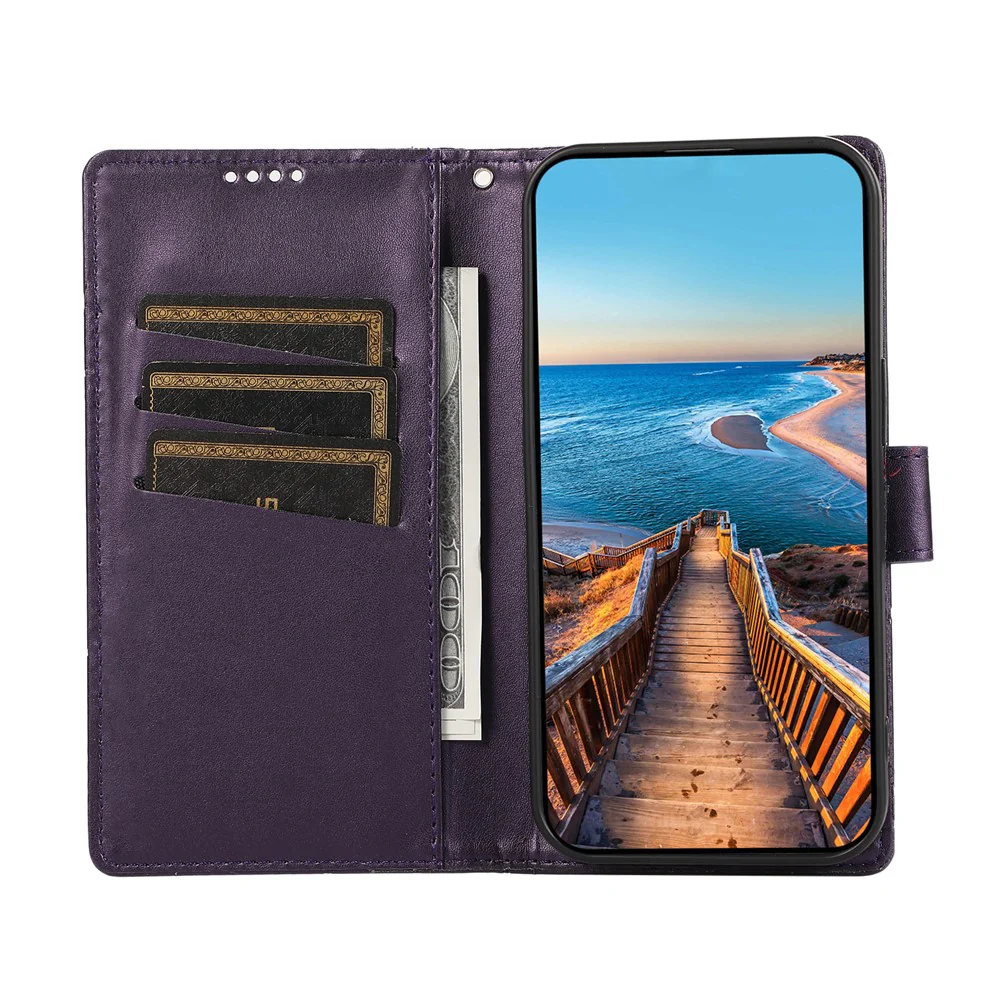 For iPhone 17 Pro Max Phone Case Line Imprint Leather Wallet Cover with Wrist Strap - Purple - Image 2