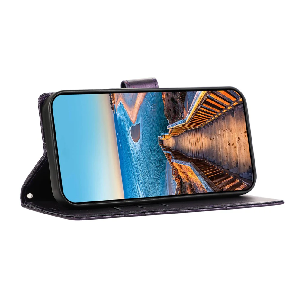 For iPhone 17 Pro Max Phone Case Line Imprint Leather Wallet Cover with Wrist Strap - Purple - Image 3