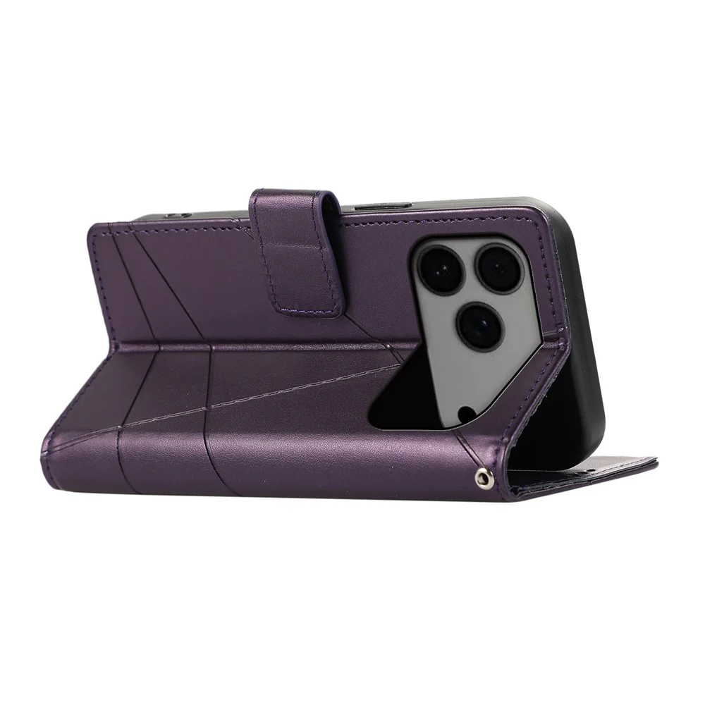For iPhone 17 Pro Max Phone Case Line Imprint Leather Wallet Cover with Wrist Strap - Purple - Image 4