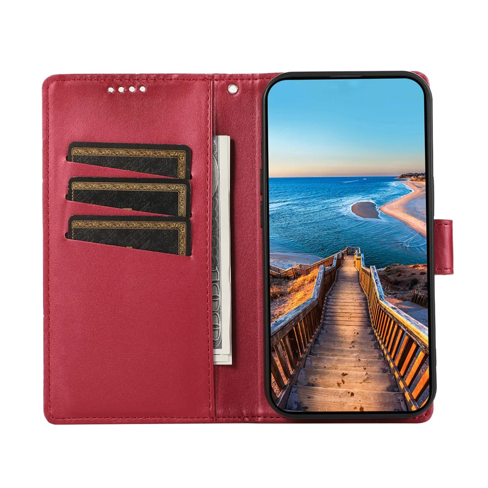 For iPhone 17 Pro Max Phone Case Line Imprint Leather Wallet Cover with Wrist Strap - Red - Image 2