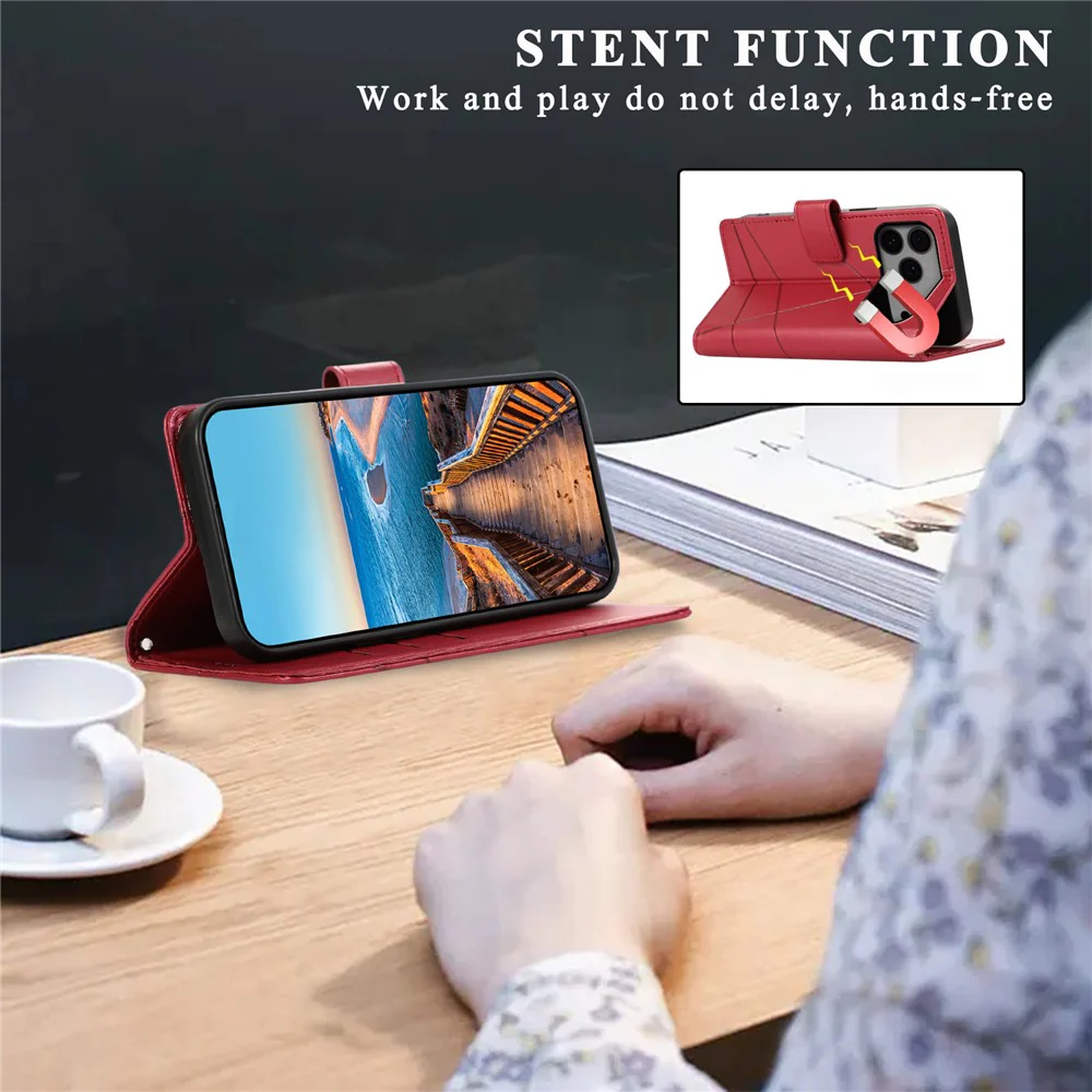 For iPhone 17 Pro Max Phone Case Line Imprint Leather Wallet Cover with Wrist Strap - Red - Image 5