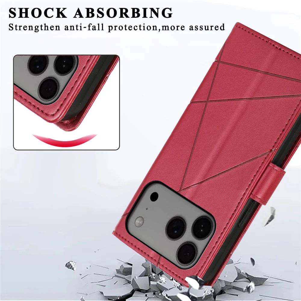 For iPhone 17 Pro Max Phone Case Line Imprint Leather Wallet Cover with Wrist Strap - Red - Image 7