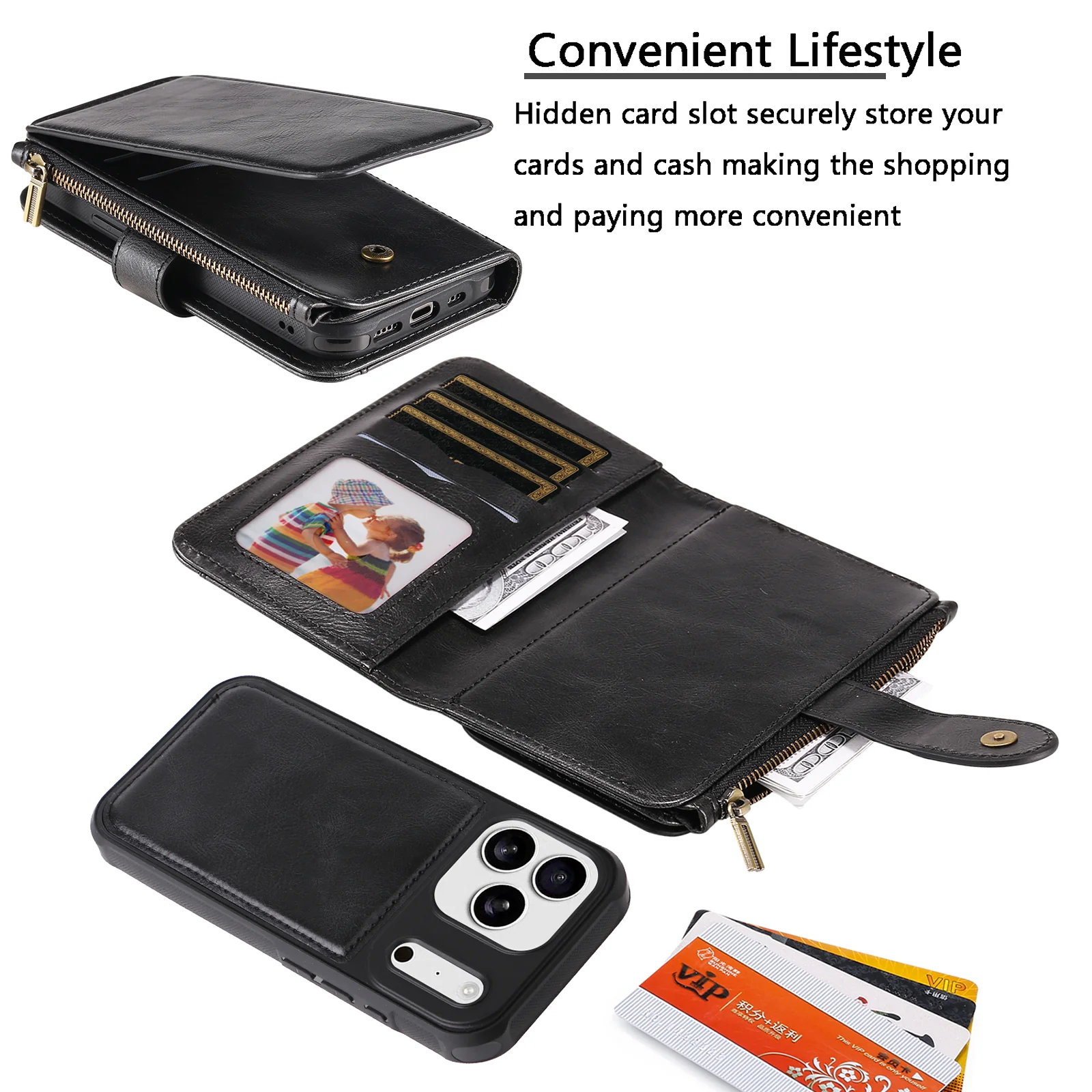 For iPhone 17 Pro Max Phone Case PU Leather Zipper Wallet Detachable Cover - Black - Image 7