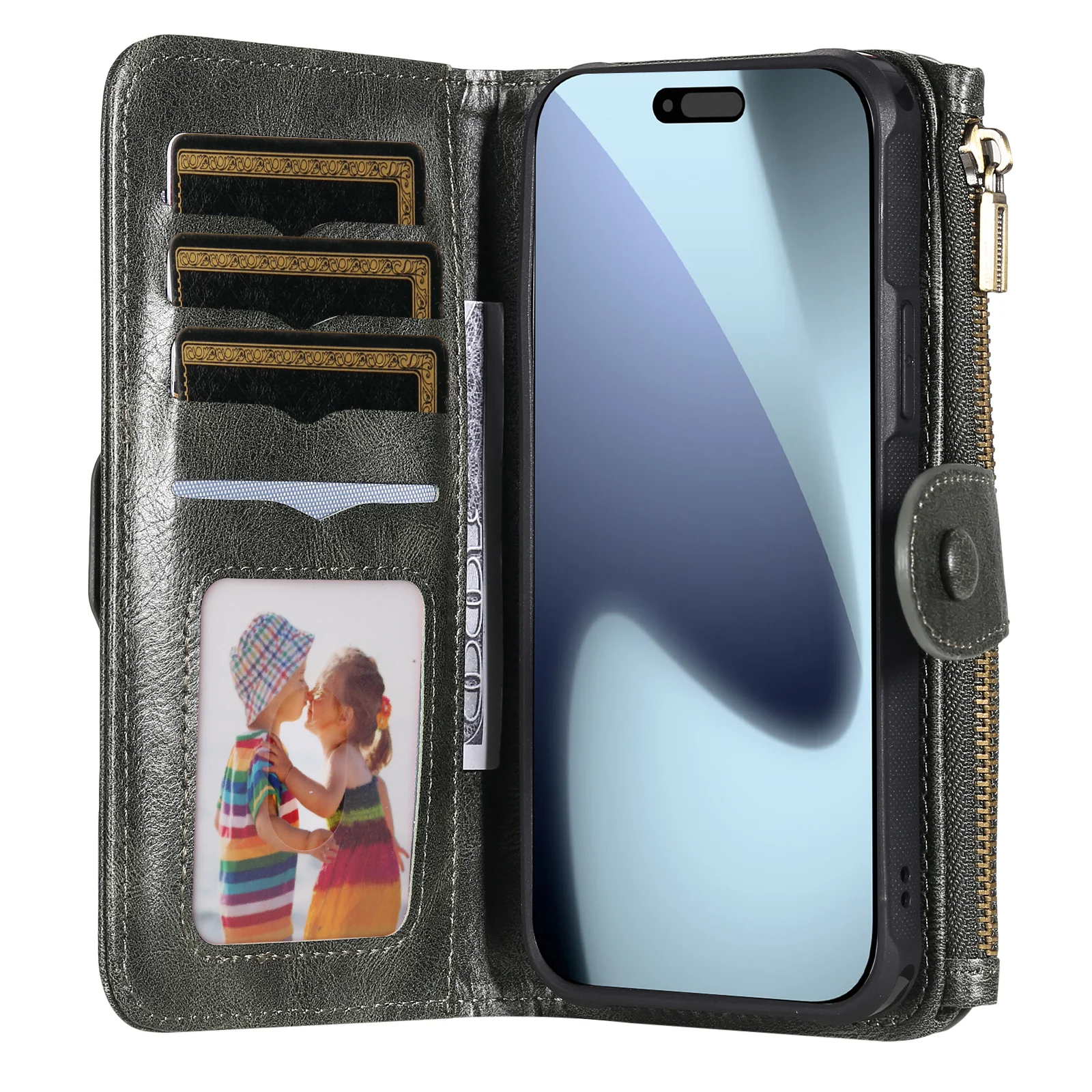 For iPhone 17 Pro Max Phone Case PU Leather Zipper Wallet Detachable Cover - Green - Image 2