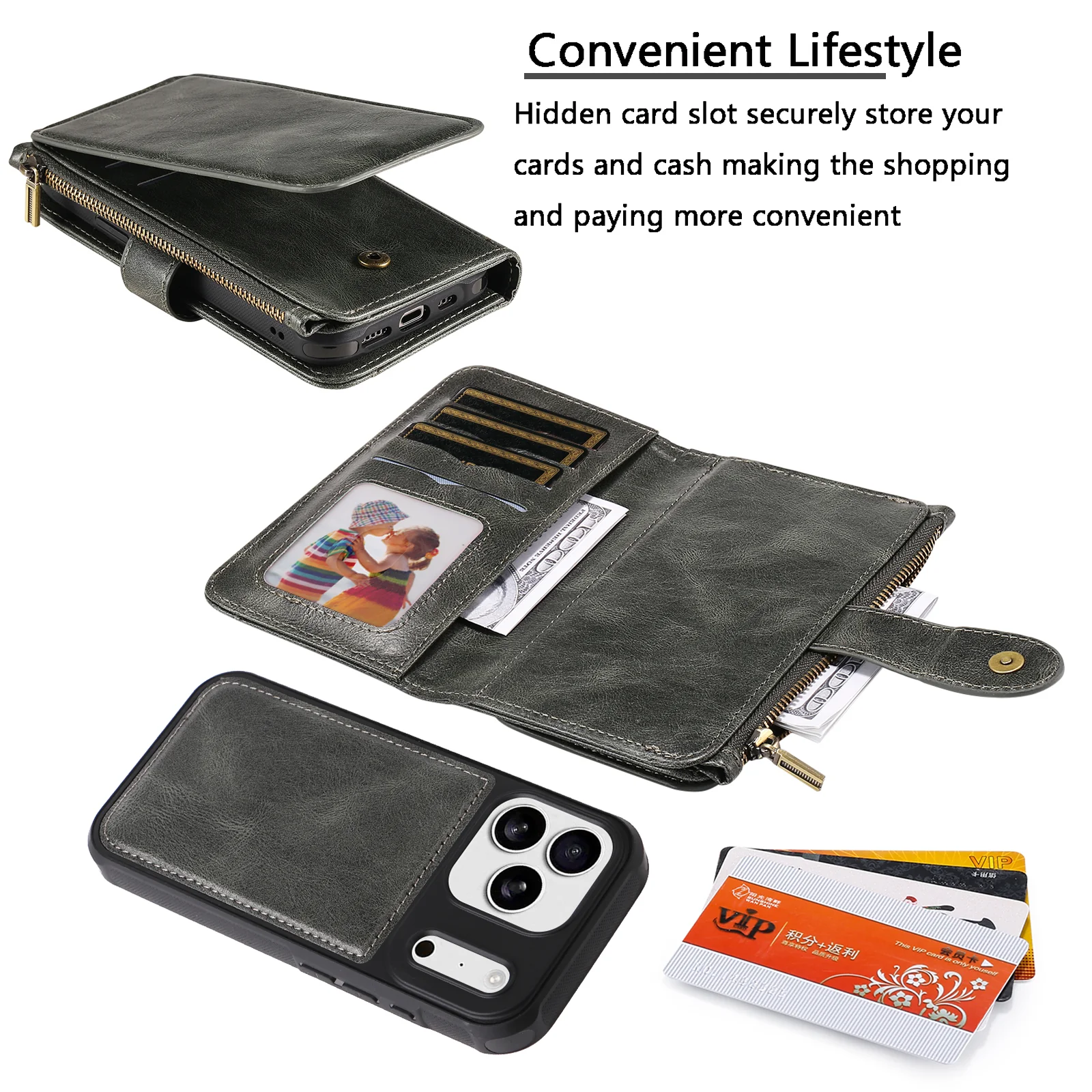 For iPhone 17 Pro Max Phone Case PU Leather Zipper Wallet Detachable Cover - Green - Image 4