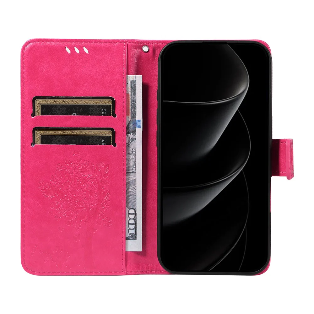 For iPhone 17 Pro Max Phone Case with Stand Cat Tree Pattern Leather Wallet Mobile Cover - Rose - Image 2