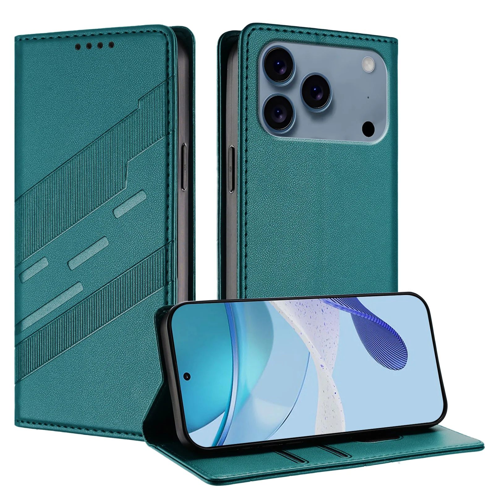 For iPhone 17 Pro Max Phone Cases Punk Style Imprinted Wallet Stand Leather Cover - Dark Green - Image 4