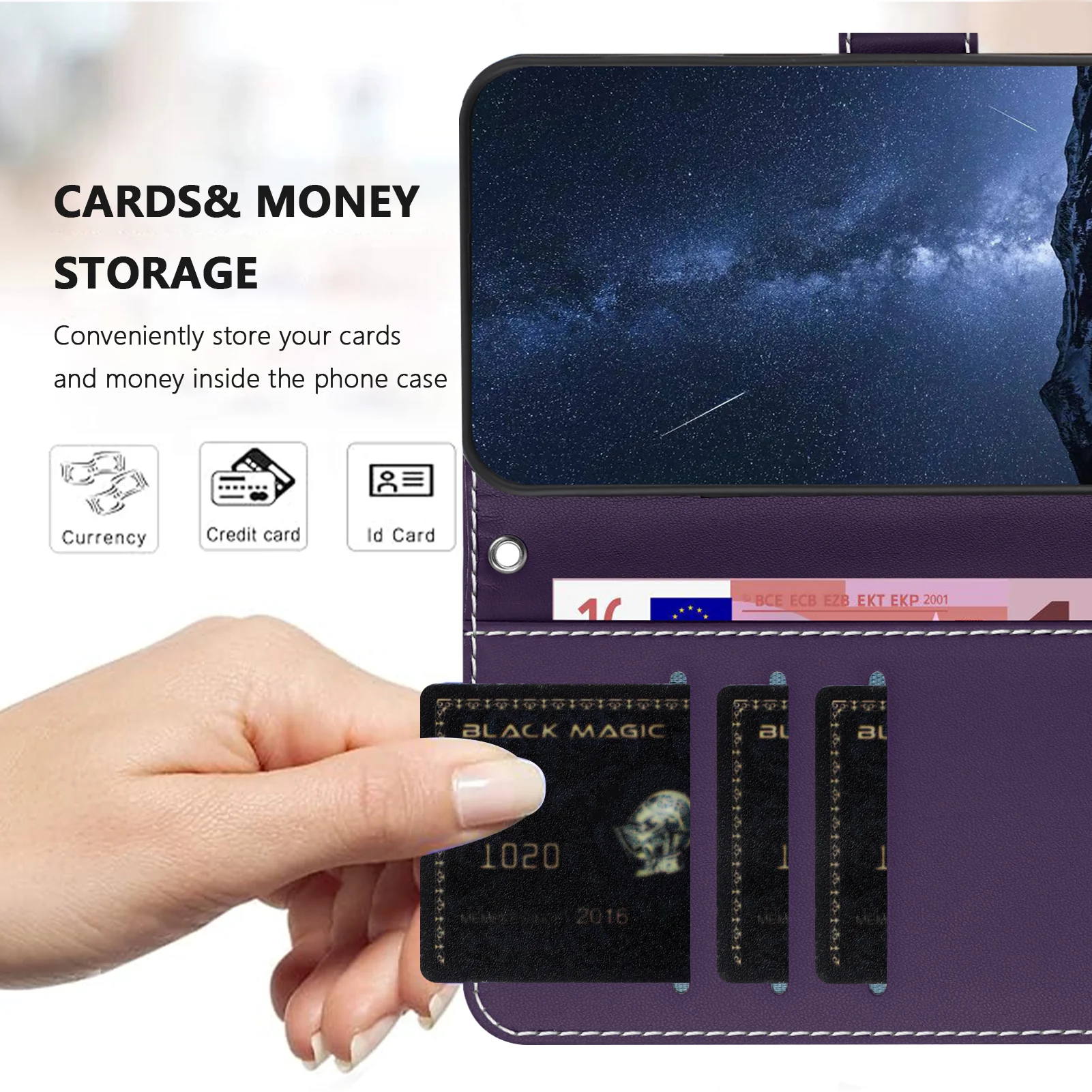 For iPhone 17 Pro Max Phone Cases Wallet Stand Color Splicing Leather Cover with Magnetic Clasp - Purple - Image 2