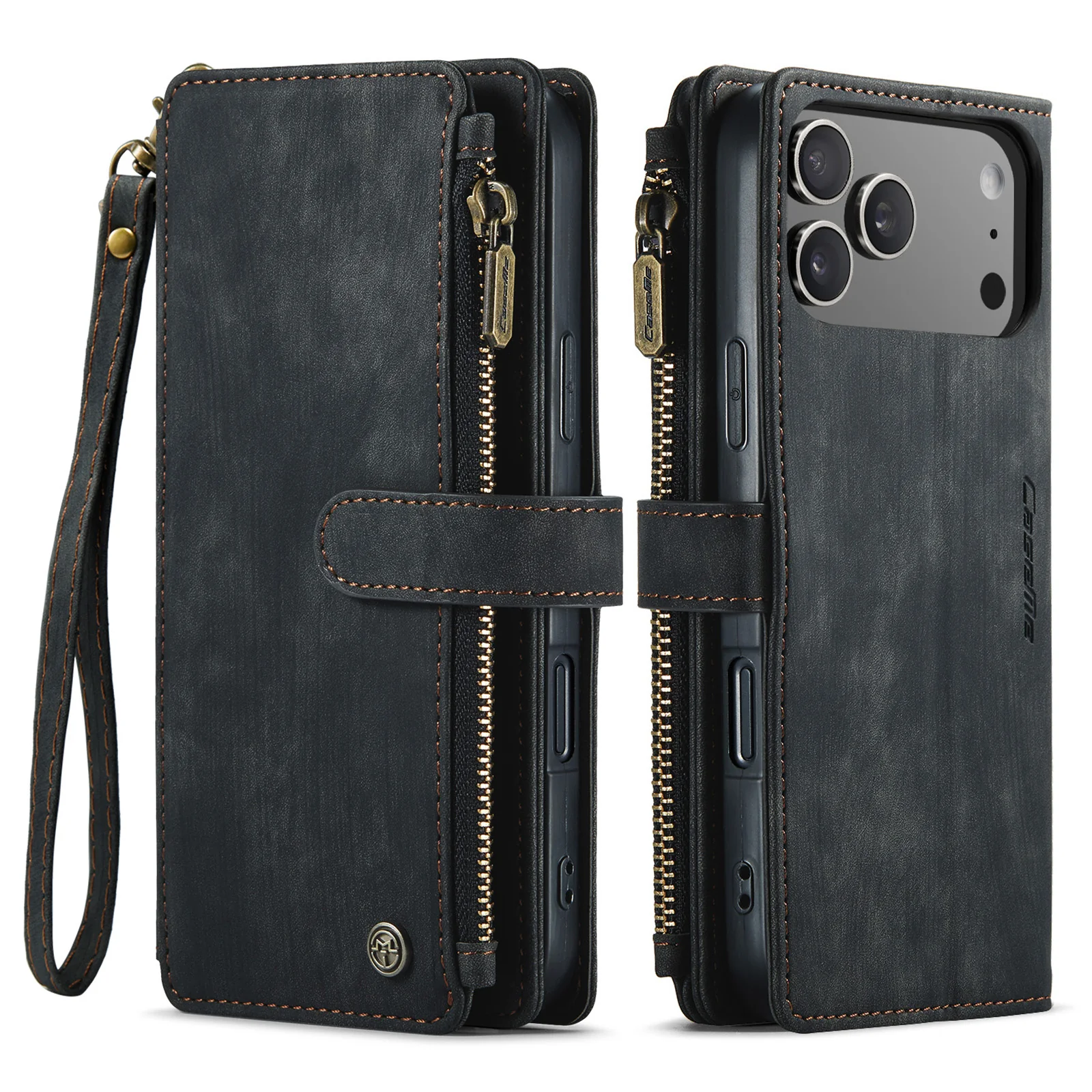For iPhone 17 Pro Max Phone Cases with Strap CASEME C30 Zipper Multiple Card Holder PU Leather Cover - Black - Image 2