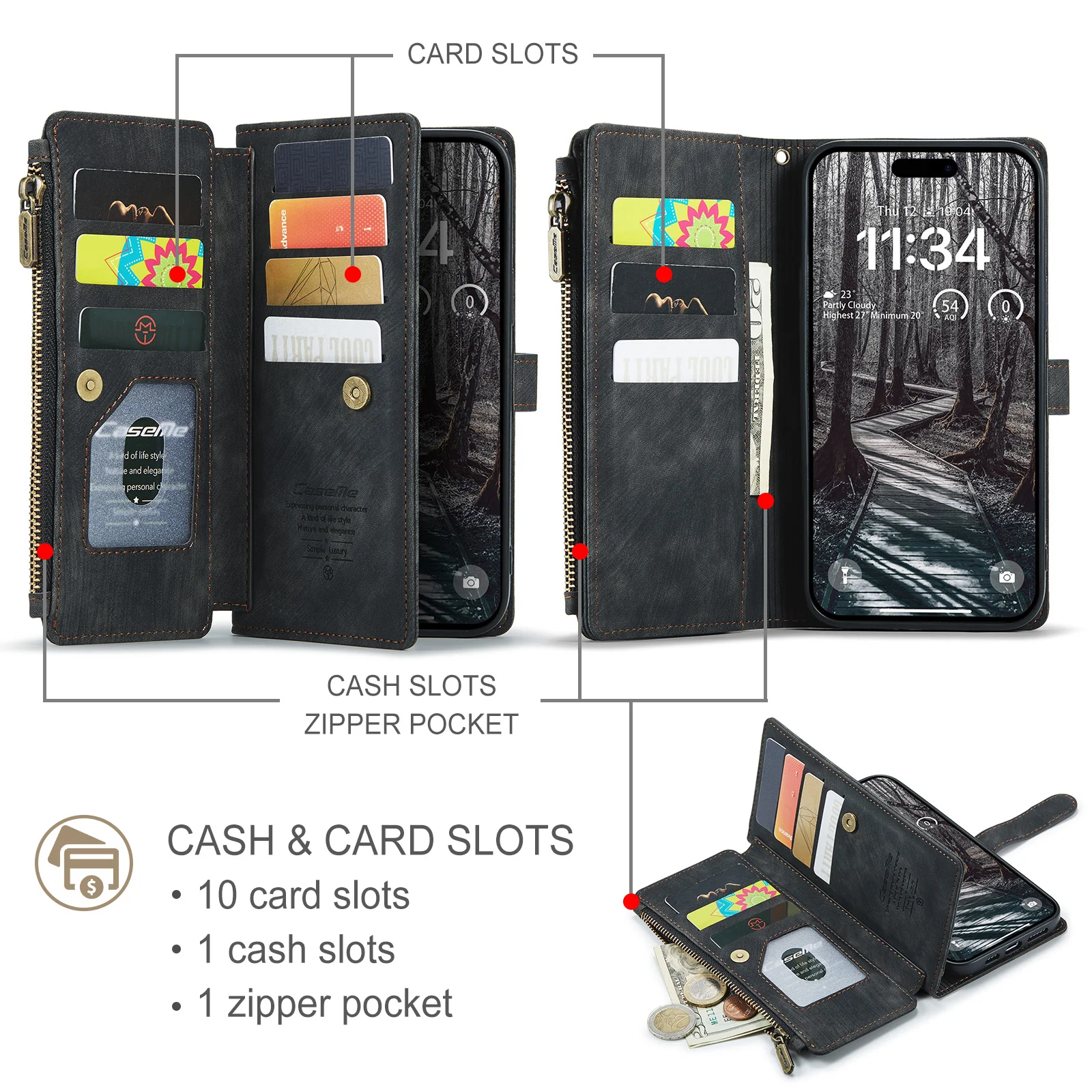 For iPhone 17 Pro Max Phone Cases with Strap CASEME C30 Zipper Multiple Card Holder PU Leather Cover - Black - Image 3