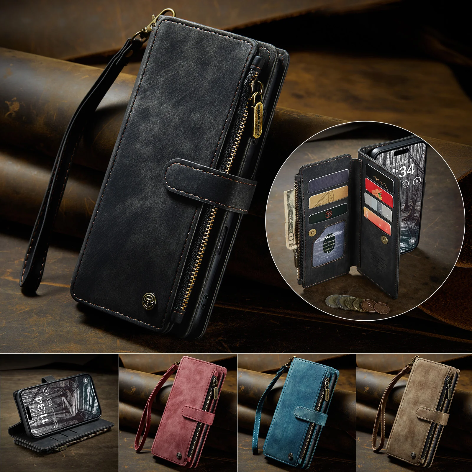 For iPhone 17 Pro Max Phone Cases with Strap CASEME C30 Zipper Multiple Card Holder PU Leather Cover - Black - Image 4