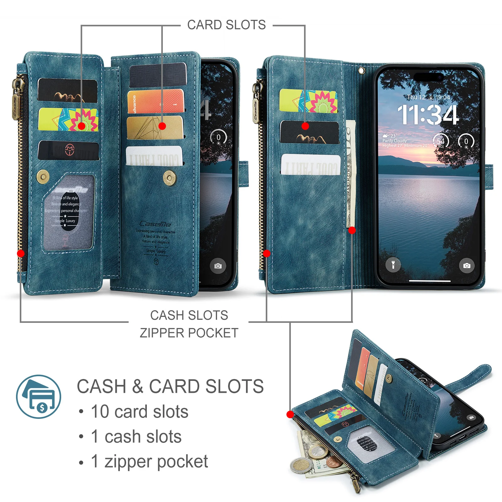 For iPhone 17 Pro Max Phone Cases with Strap CASEME C30 Zipper Multiple Card Holder PU Leather Cover - Blue - Image 3