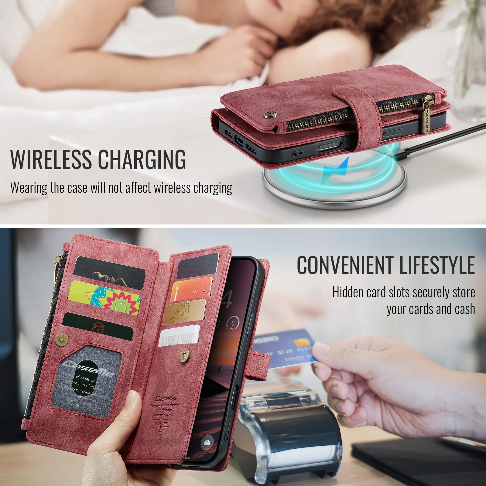 For iPhone 17 Pro Max Phone Cases with Strap CASEME C30 Zipper Multiple Card Holder PU Leather Cover - Red - Image 7