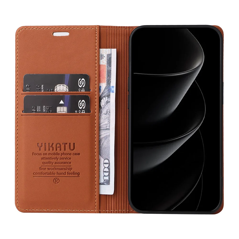 For iPhone 17 Pro Max Phone Cases YIKATU Magnetic Closure PU Leather Mobile Cover - Brown - Image 2