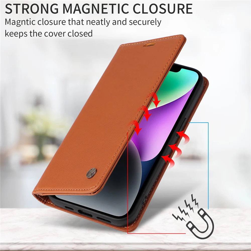 For iPhone 17 Pro Max Phone Cases YIKATU Magnetic Closure PU Leather Mobile Cover - Brown - Image 3