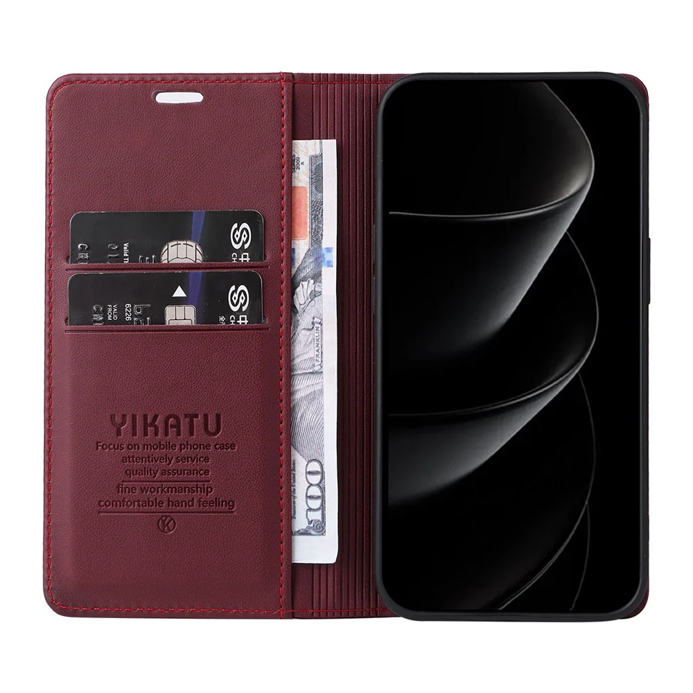 For iPhone 17 Pro Max Phone Cases YIKATU Magnetic Closure PU Leather Mobile Cover - Wine Red - Image 2