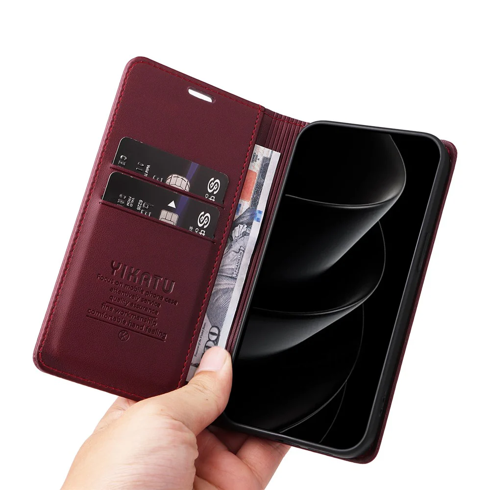 For iPhone 17 Pro Max Phone Cases YIKATU Magnetic Closure PU Leather Mobile Cover - Wine Red - Image 4
