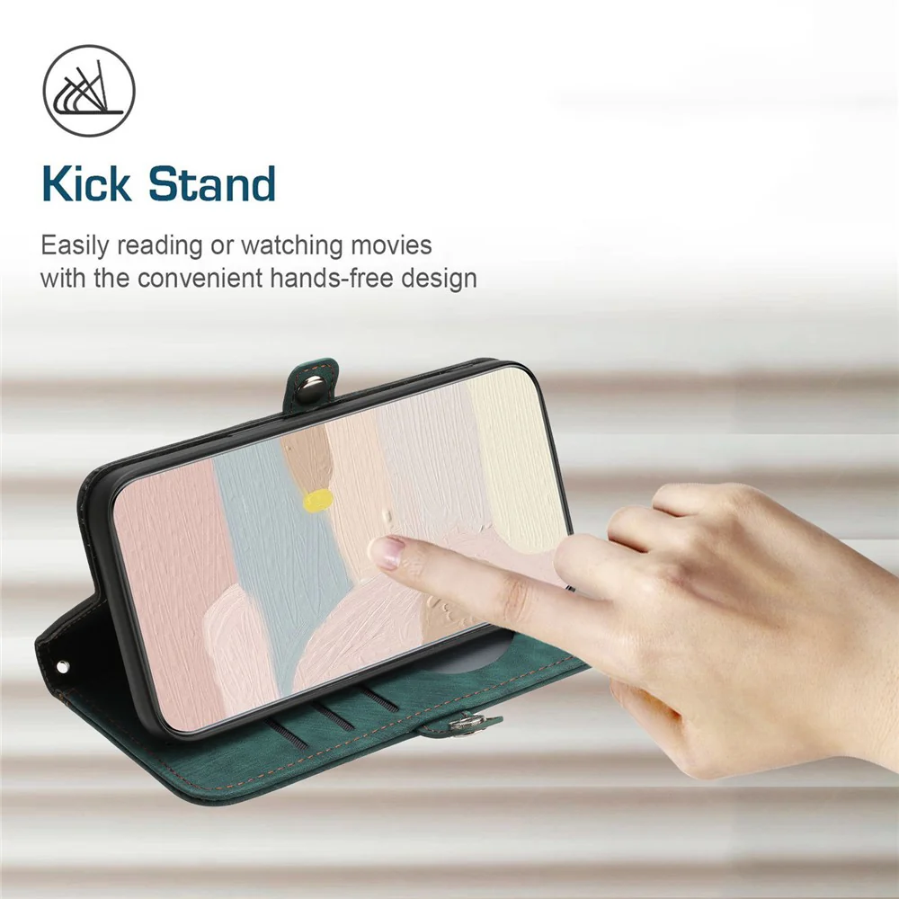 For iPhone 17 Pro Max PU Leather Case with Strap Phone Cover Stand Side Magnetic Button Design - Black+Dark Green - Image 7