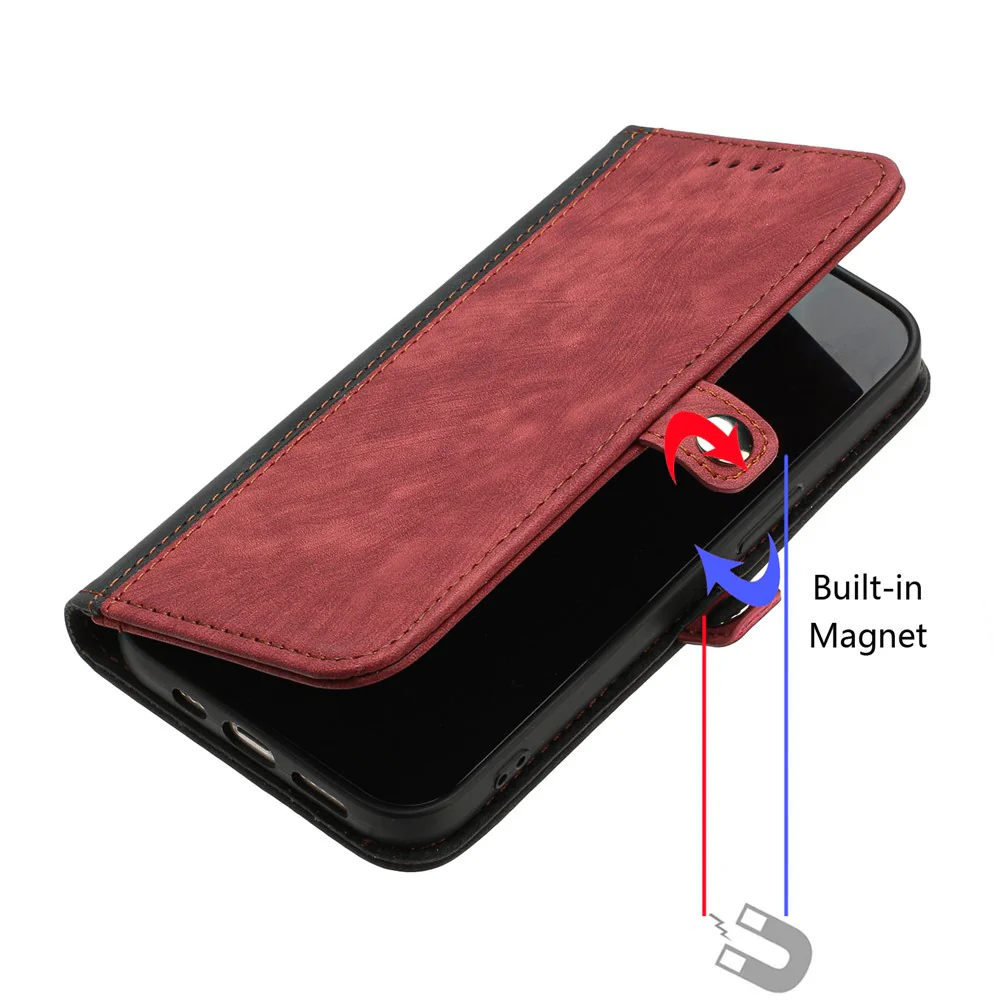 For iPhone 17 Pro Max PU Leather Case with Strap Phone Cover Stand Side Magnetic Button Design - Black+Red - Image 4