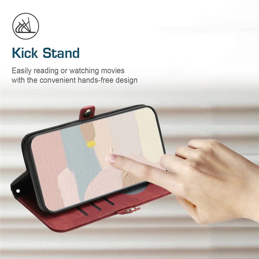 For iPhone 17 Pro Max PU Leather Case with Strap Phone Cover Stand Side Magnetic Button Design - Black+Red - Image 7