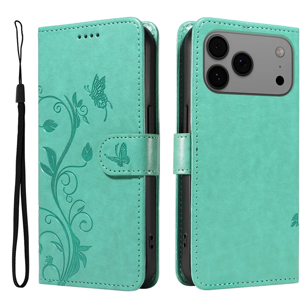 For iPhone 17 Pro Max PU Leather Cases Flower Pattern Wallet Stand Phone Cover with Strap - Green