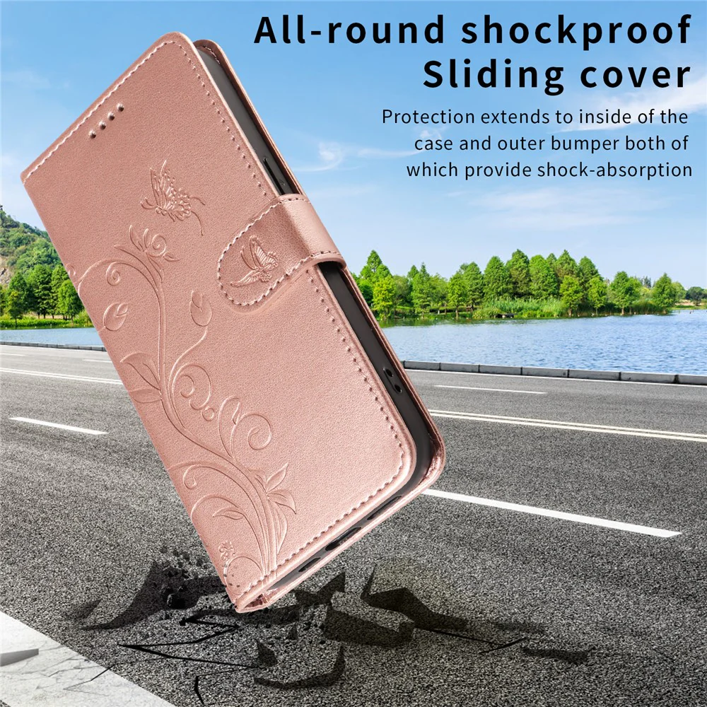 For iPhone 17 Pro Max PU Leather Cases Flower Pattern Wallet Stand Phone Cover with Strap - Rose Gold - Image 3