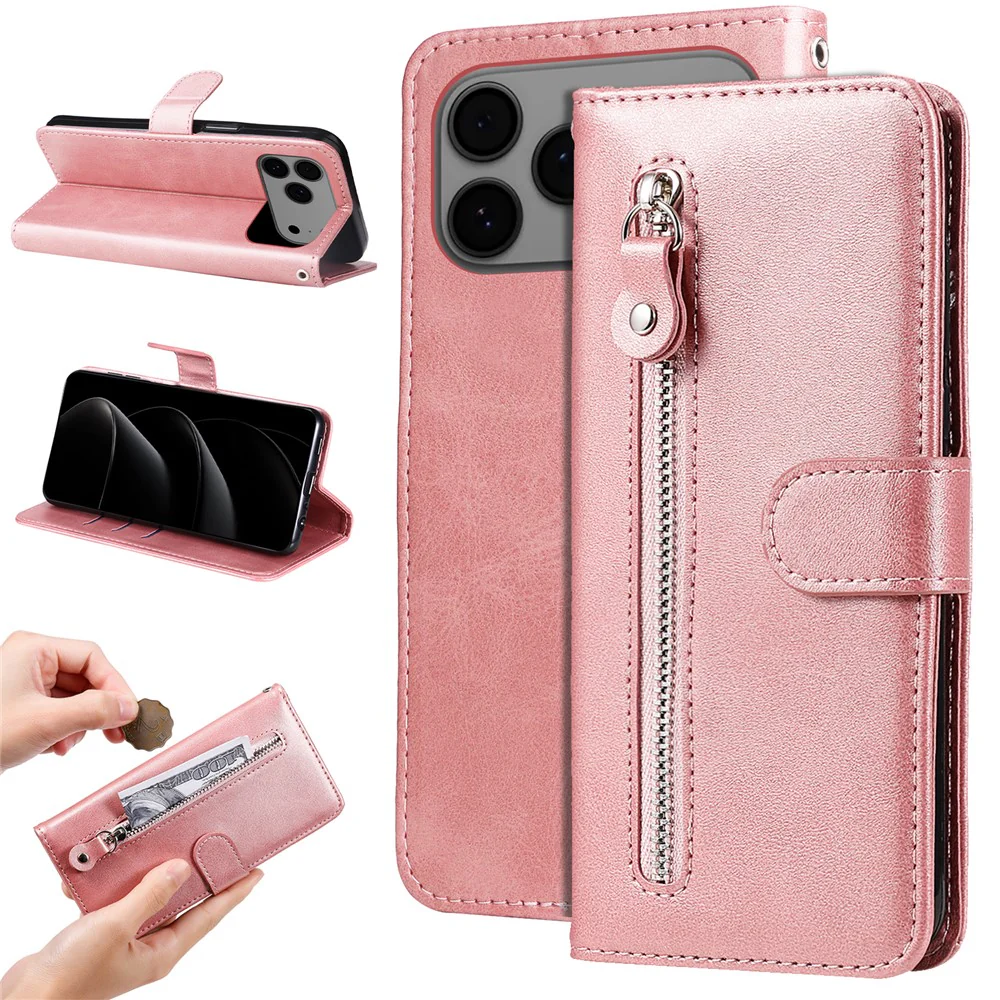 For iPhone 17 Pro Max PU Leather Cases with Zipper Pocket Wallet Phone Cover Stand - Pink - Image 2