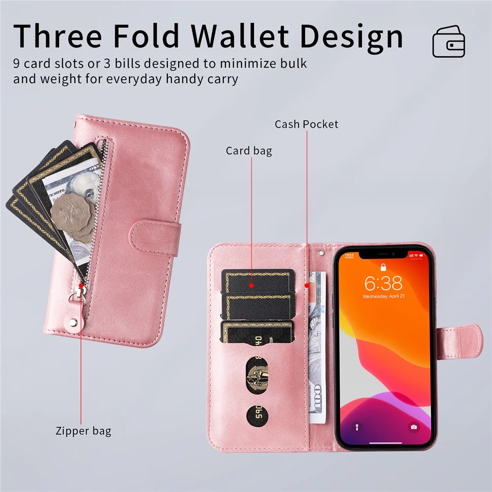 For iPhone 17 Pro Max PU Leather Cases with Zipper Pocket Wallet Phone Cover Stand - Pink - Image 7