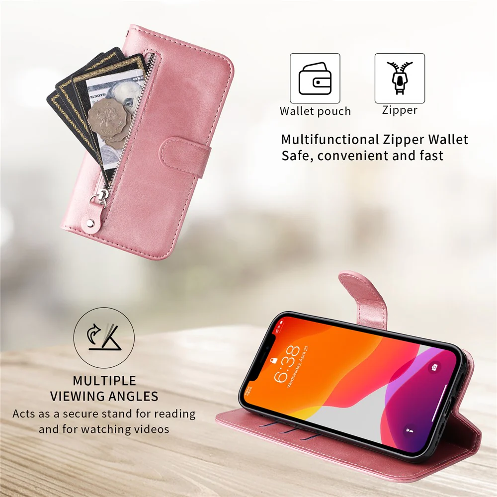 For iPhone 17 Pro Max PU Leather Cases with Zipper Pocket Wallet Phone Cover Stand - Pink - Image 8