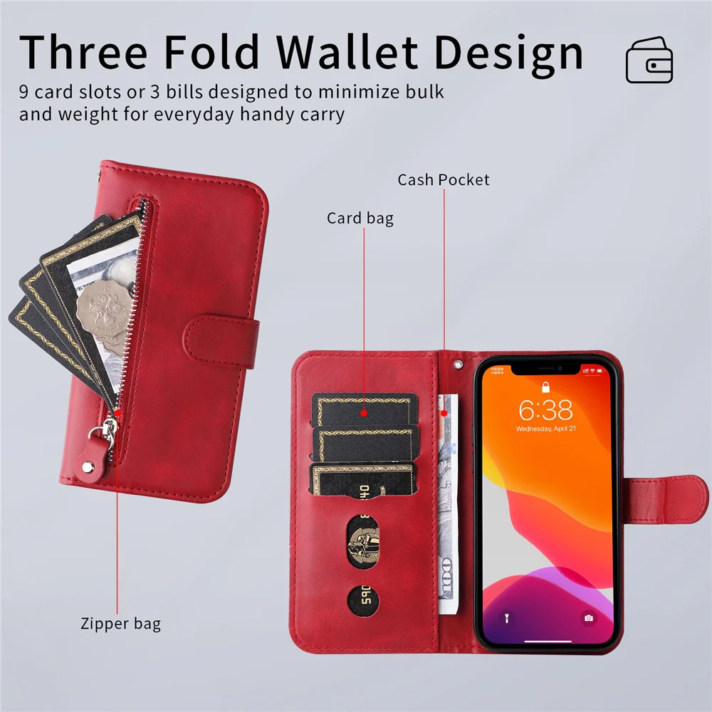 For iPhone 17 Pro Max PU Leather Cases with Zipper Pocket Wallet Phone Cover Stand - Red - Image 7
