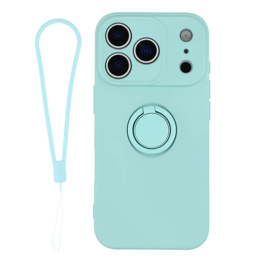 For iPhone 17 Pro Max Silicone Case with Strap Ring Kickstand Phone Cover - Sky Blue